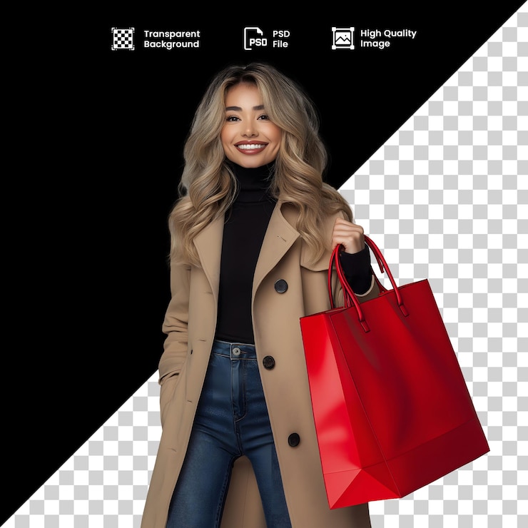 PSD mulher elegante de png em casaco de trincheira com saco de compras vermelho compras de inverno
