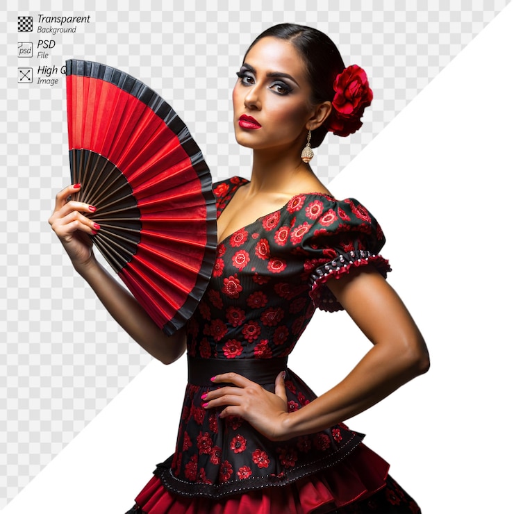 PSD mulher elegante em vestido tradicional espanhol segurando um ventilador vermelho