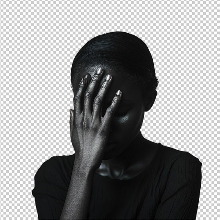 PSD mulher elegante mão no rosto prata preta retrato elegante arte fotográfica pele escura humor modelo estilo vogue