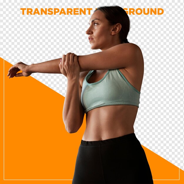 Mulher em roupas de ginástica esticando com um fundo transparente