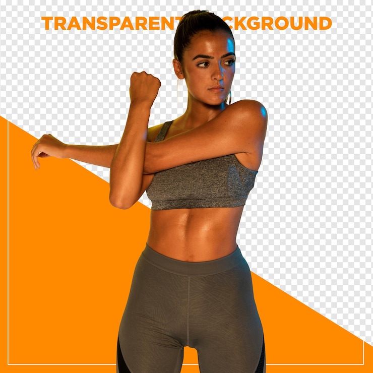 PSD mulher em roupas de treino esticando antes do exercício com fundo transparente