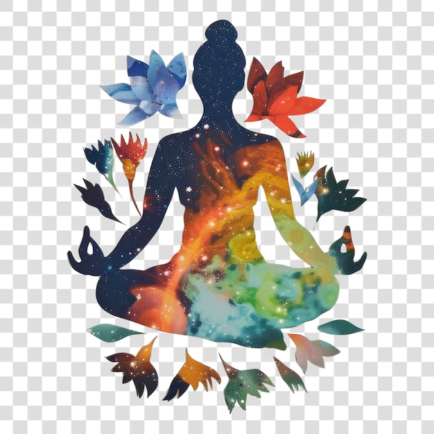 Mulher em silhueta fazendo meditação pintando planta animal