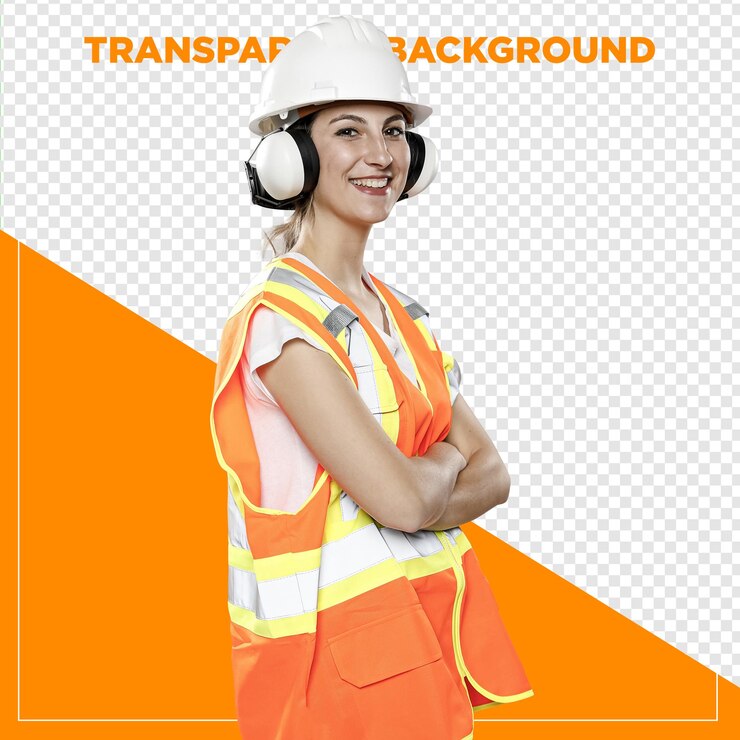 PSD mulher engenheira com equipamento de proteção com fundo transparente