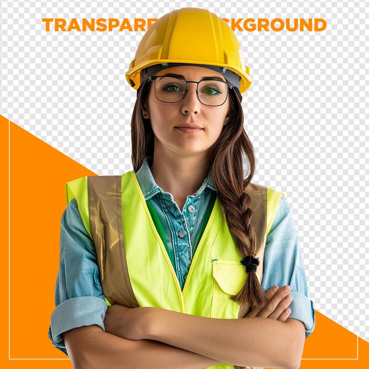 PSD mulher engenheira sorrindo com os braços cruzados em fundo transparente