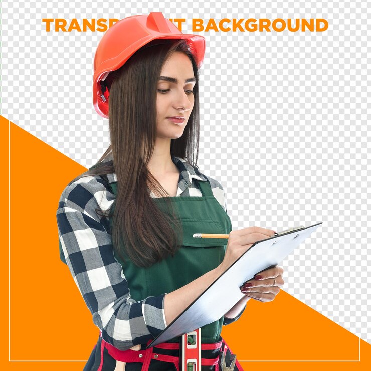PSD mulher engenheira tomando anotações em clipboard com fundo transparente