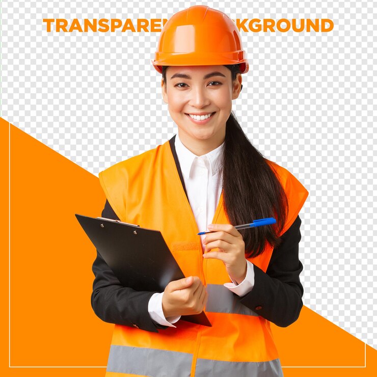PSD mulher engenheira tomando anotações em clipboard com fundo transparente