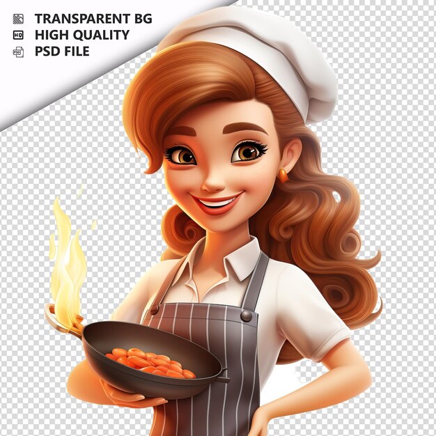 PSD mulher europeia cozinhando 3d estilo de desenho animado fundo branco