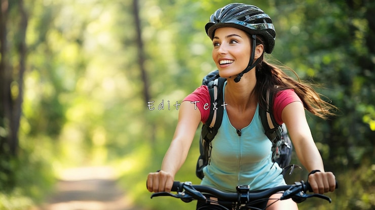 PSD mulher feliz a andar de bicicleta de montanha numa trilha ensolarada