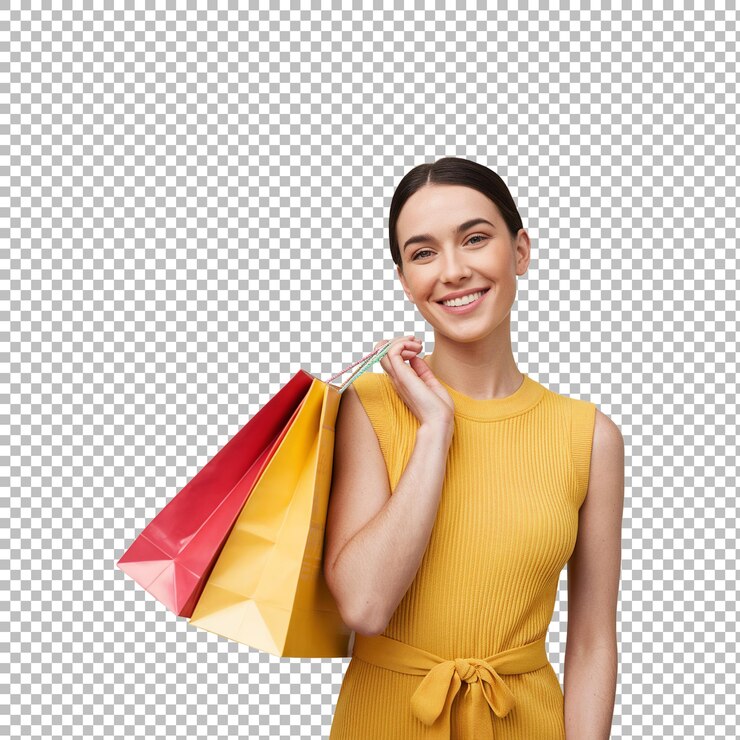 PSD mulher feliz a gostar de fazer compras.