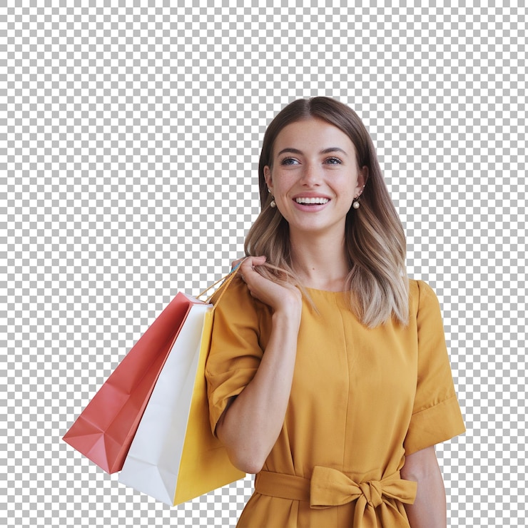 PSD mulher feliz a gostar de fazer compras.