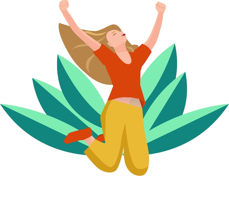 PSD mulher feliz a saltar em frente a uma flor de lótus