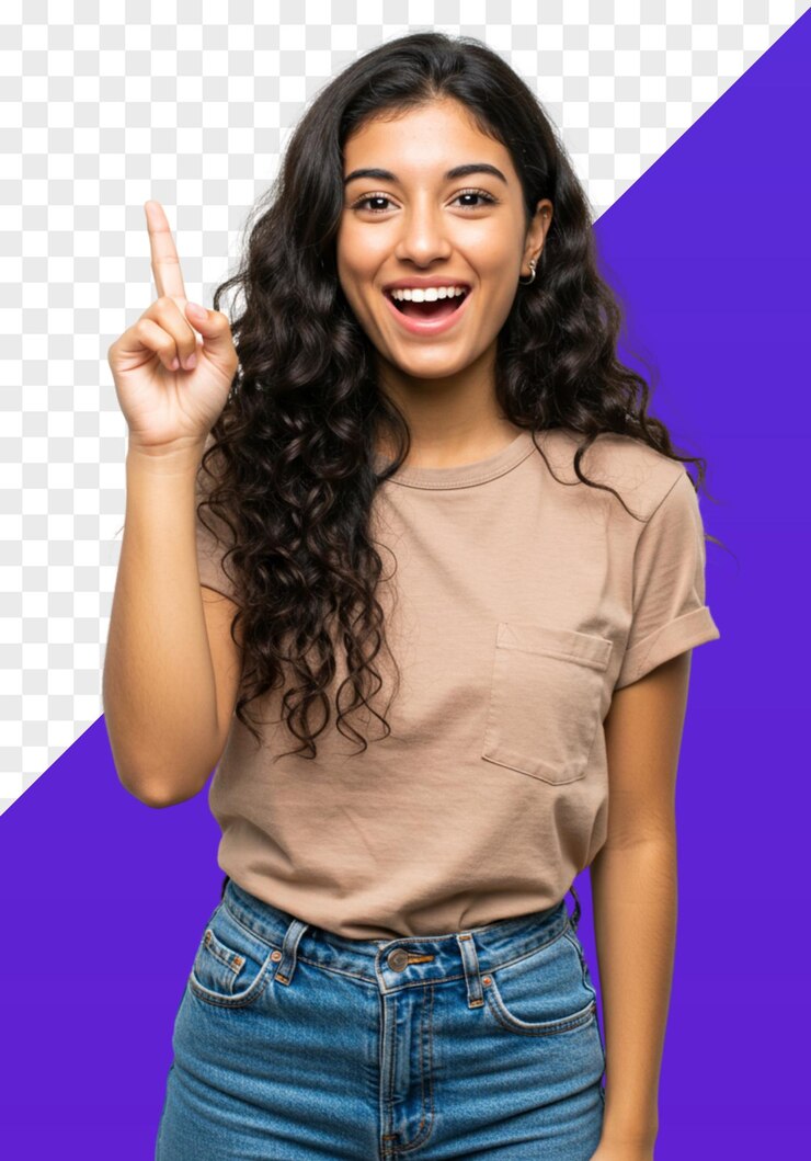 PSD mulher feliz apontando o dedo para cima com uma ideia