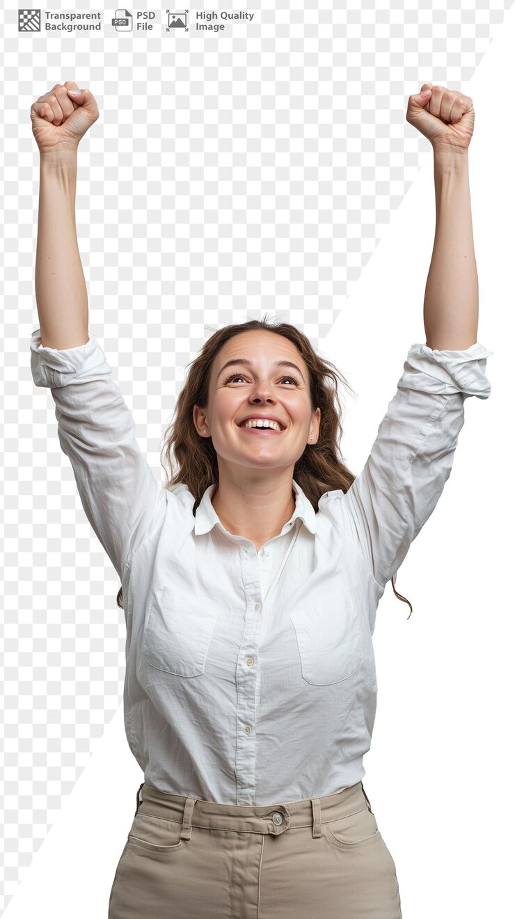 Mulher feliz celebrando o sucesso com os braços levantados em fundo transparente