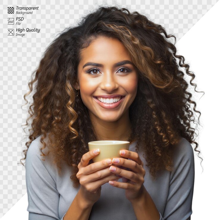 PSD mulher feliz com cabelo encaracolado segurando uma xícara de café sorrindo em fundo transparente