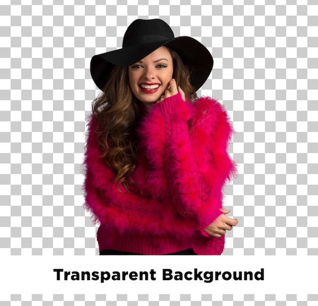 Mulher feliz com camisola rosa e chapéu preto a sorrir.