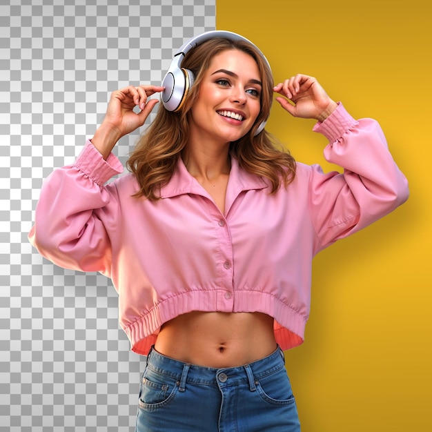 Mulher feliz com fones de ouvido a ouvir música Fundo transparente