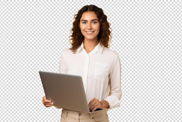 PSD mulher feliz com laptop isolada em um fundo transparente