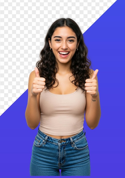 Mulher feliz com os polegares para cima