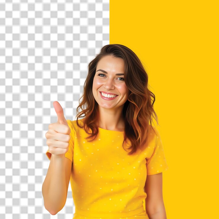 PSD mulher feliz dando polegar para cima celebrando o sucesso e mostrando aprovação