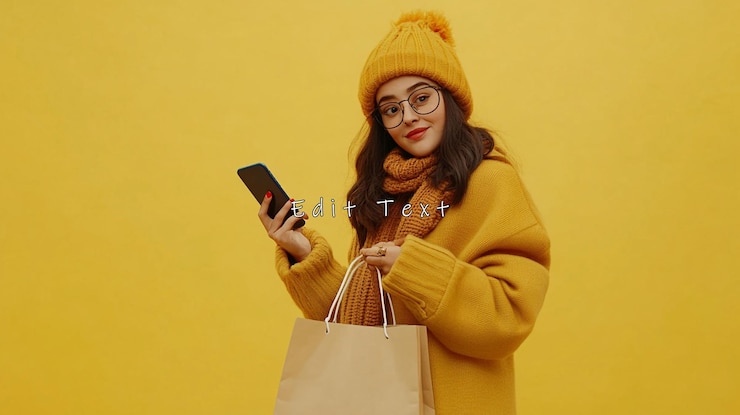 PSD mulher feliz em roupa amarela de inverno segurando bolsa de compras e telefone