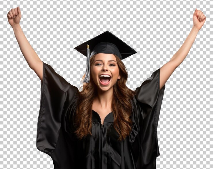 PSD mulher feliz graduada isolada em fundo transparente