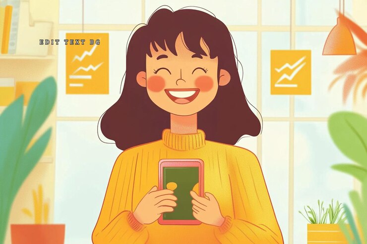 PSD mulher feliz olhando para o telefone notícias financeiras positivas gráficos de crescimento