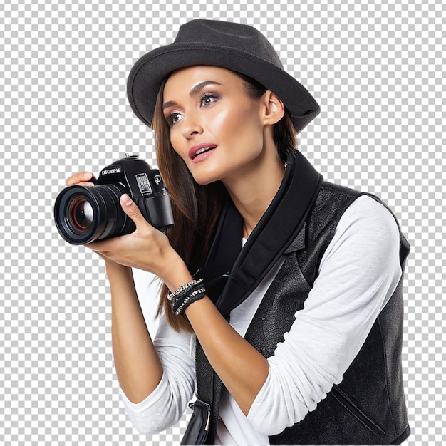 Mulher feliz segurando câmera tirando fotos dentro de casa