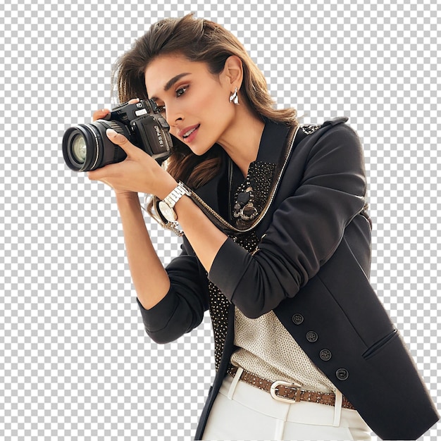 Mulher feliz segurando câmera tirando fotos dentro de casa