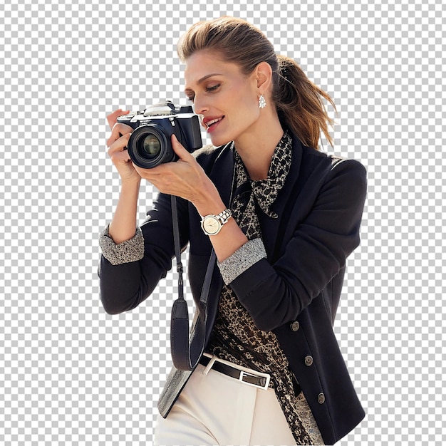 Mulher feliz segurando câmera tirando fotos dentro de casa
