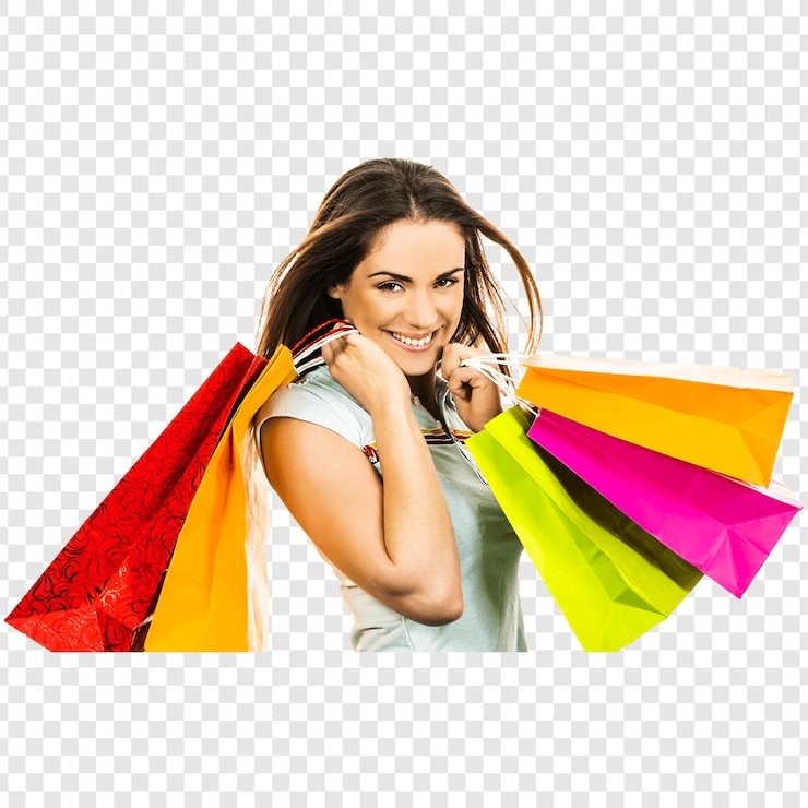 PSD mulher feliz segurando sacolas de compras