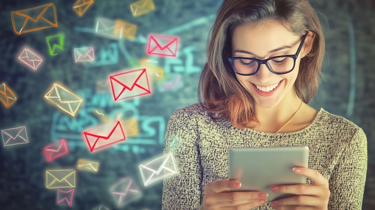 PSD mulher feliz usando ícones de e-mail de tablet flutuando em torno dela