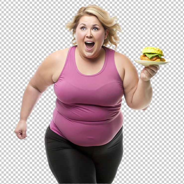 PSD mulher gorda perde peso ao parar de comer fast food em fundo transparente
