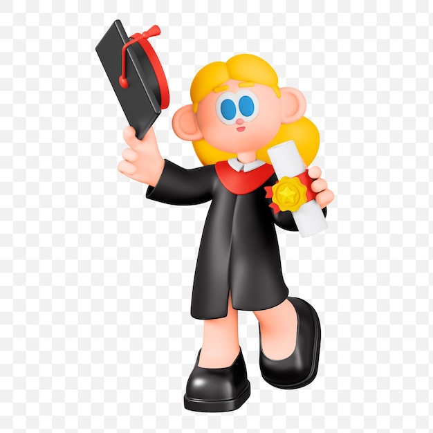 Mulher graduada feliz segurando diploma e papel de argamassa Cartoon Girl Student Character Rendering 3D