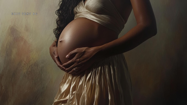 PSD mulher grávida acariciando sua barriga vestindo um vestido bege fluido contra um fundo texturizado