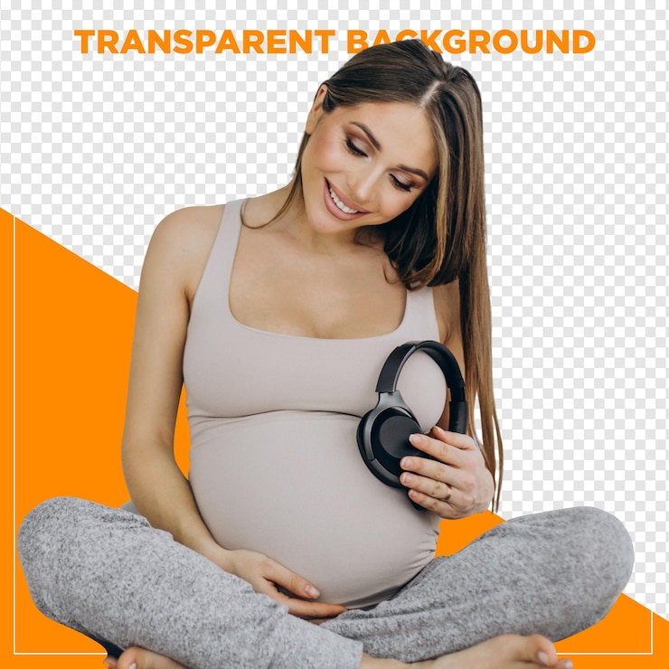 PSD mulher grávida colocando música na barriga com fundo transparente