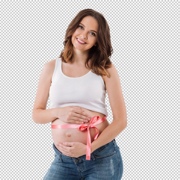 PSD mulher grávida de pé isolada com um laço na barriga