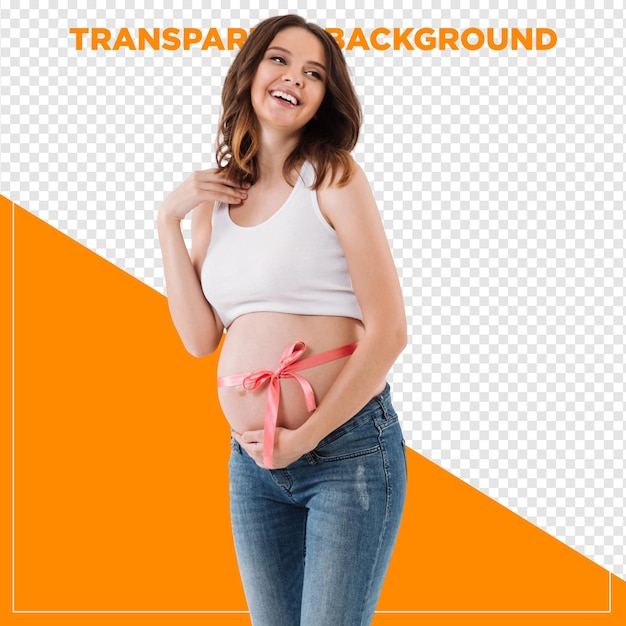 Mulher grávida feliz com a mão na barriga com papel de parede transparente