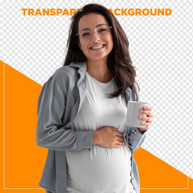 Mulher grávida feliz com a mão na barriga com papel de parede transparente