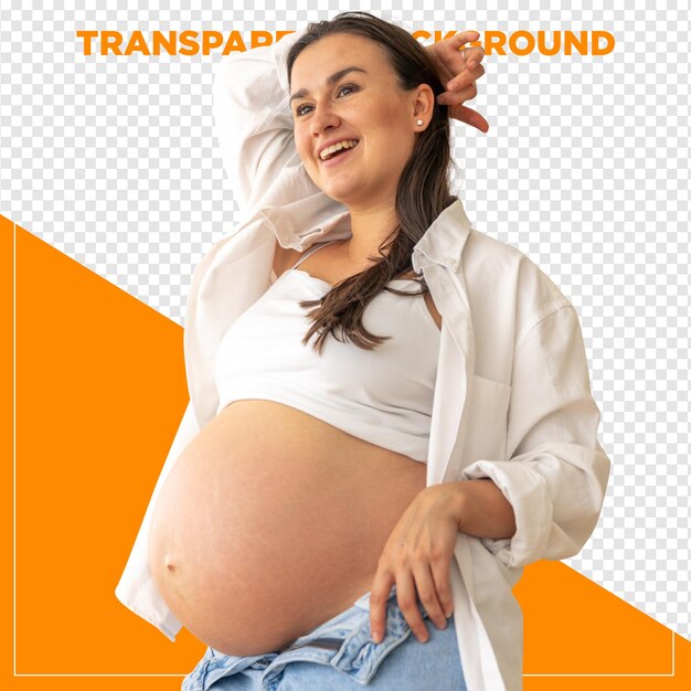 Mulher grávida feliz com a mão na barriga com papel de parede transparente