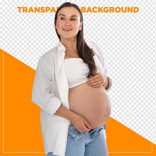 Mulher grávida feliz com a mão na barriga com papel de parede transparente