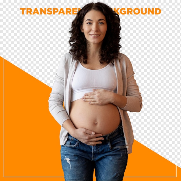 Mulher grávida feliz com a mão na barriga com papel de parede transparente