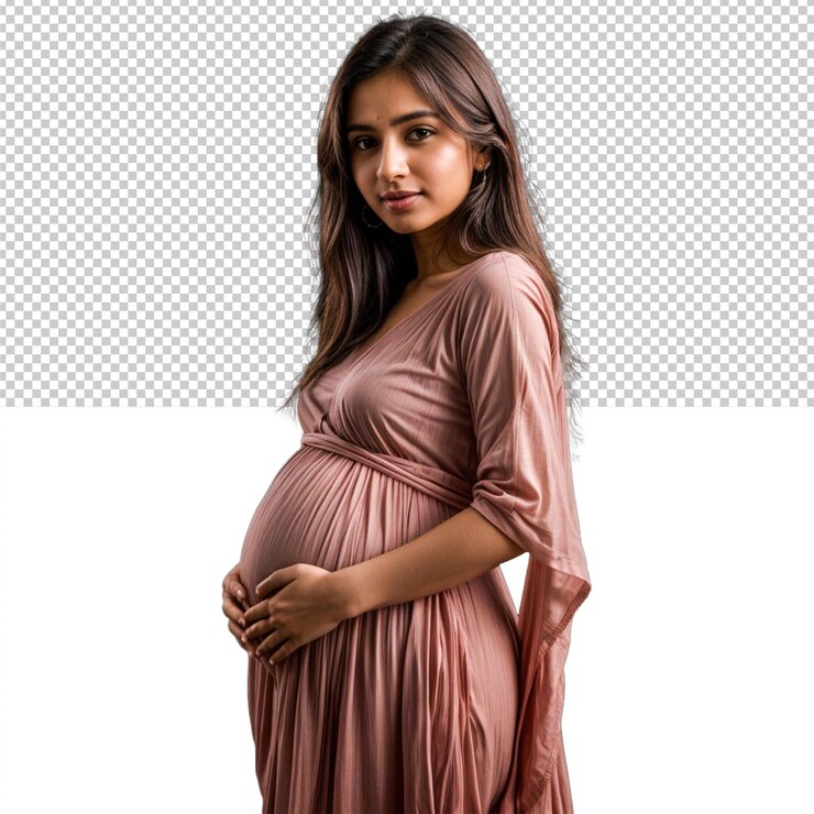 PSD mulher grávida posando com um pano de cor vermelha escura