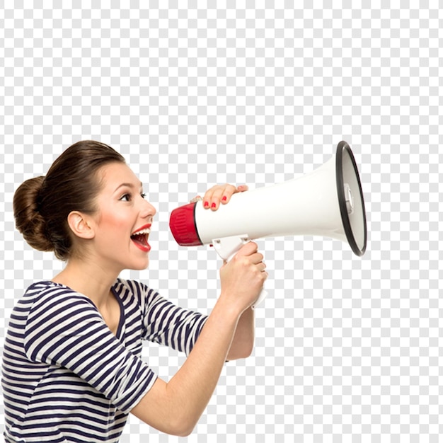 Mulher gritando através de um megafone para o anúncio