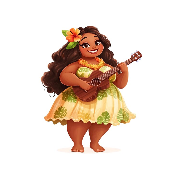 PSD mulher havaiana plussize tocando ukulele