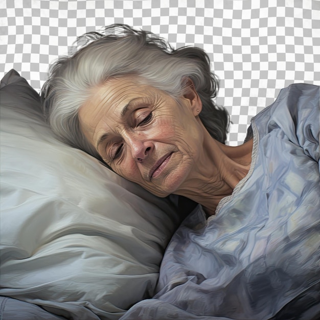 PSD mulher idosa caucasiana com cabelo transparente na cama.