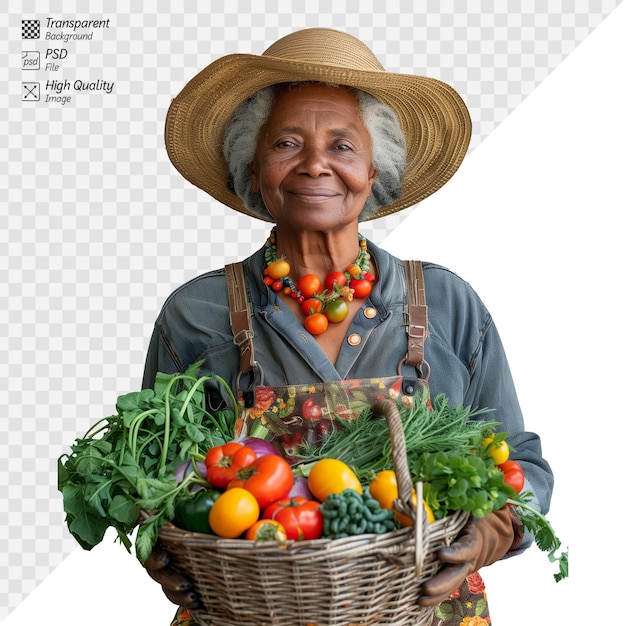 PSD mulher idosa com vegetais frescos numa cesta rústica