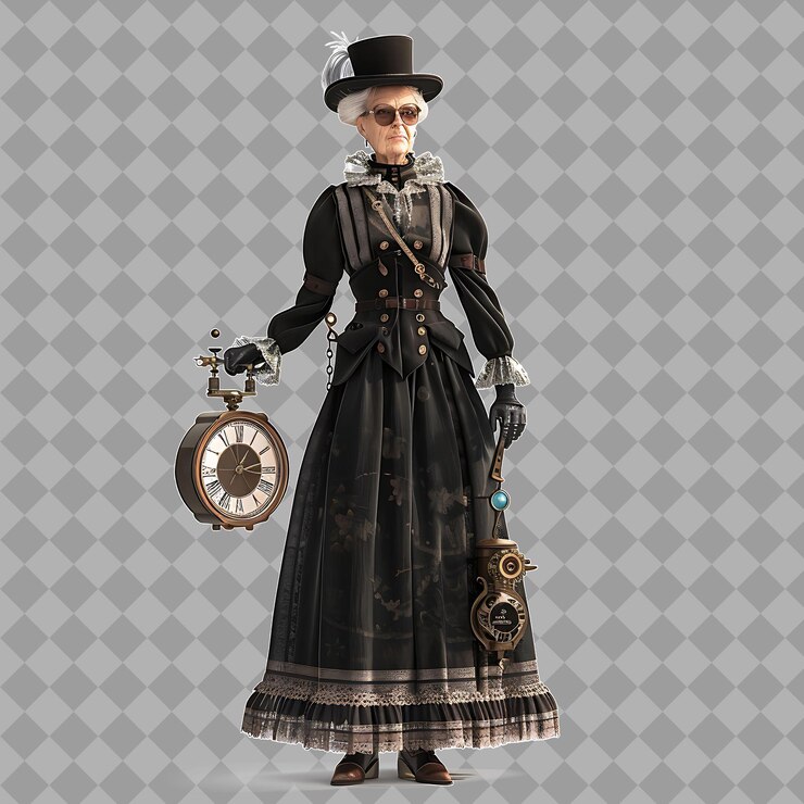 PSD mulher idosa viajante no tempo com forma elegante roupa vintage isolada renderização de caráter de alta qualidade