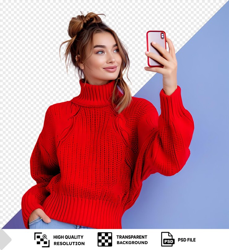 PSD mulher incrível com suéter vermelho sobre parede azul fazendo uma selfie png
