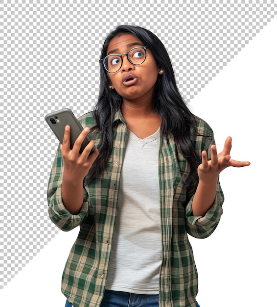 PSD mulher indiana segurando um telefone enquanto está confusa tentando explicar algo