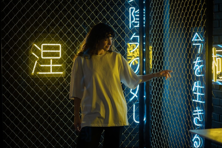 PSD mulher interagindo com luzes de néon em um cenário cyberpunk